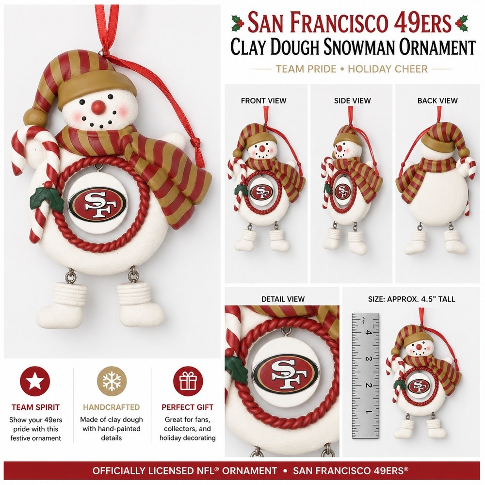 NFL San Francisco 49ers Clay Dough Snowman Ornament Red Gold Holiday Decor NEW